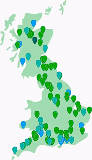 Map of Britain marked with pins to indicate the locations of Rewilding Network members