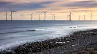 Large wind farm off the coast of Redcar, North Yorkshire, England, UK, at sunset.